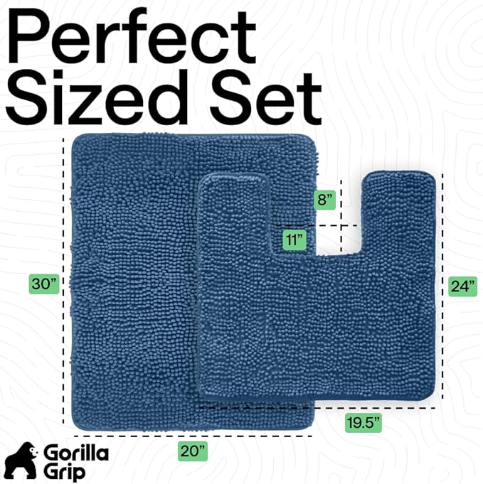 GORILLA GRIP Bathroom Rug Sets, Soft Chenille 2 Piece Area Rugs Set, Toilet Base Mat and 30x20 Carpet, Absorbent Microfiber Washable Mats Dry Quickly, Home Décor and Bath Room Accessories, Blue