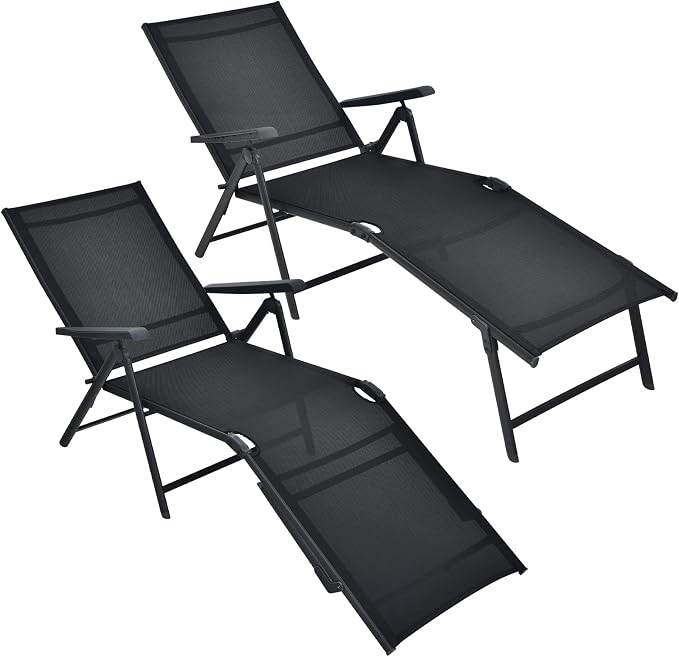 Tangkula Folding Lounge Chair Outdoor, Recliner Chaise Lounge with 5-Position Adjustable Backrest & 2-Position Footrest, No Assembly Required, Suitable for Patio Poolside Beach Yard (2, Black)