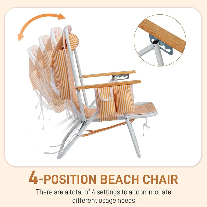 Outvita Folding Beach Chair, 4 Position Adjustable Reclining Lounge Chair with Padded Headrest, Large Rear & Side Storage Pockets, Lightweight Portable Outdoor Chair for Beach Pool Garden BBQ