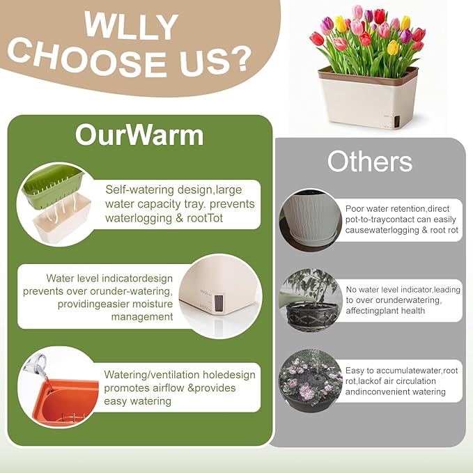 OurWarm Self Watering Pots for Indoor Plants, 6 Pack 10.5 Inch Plastic Window Herb Planter Box with Water Level Indicator, Modern Decorative Windowsill Planters for Herbs, Flowers, Seedlings