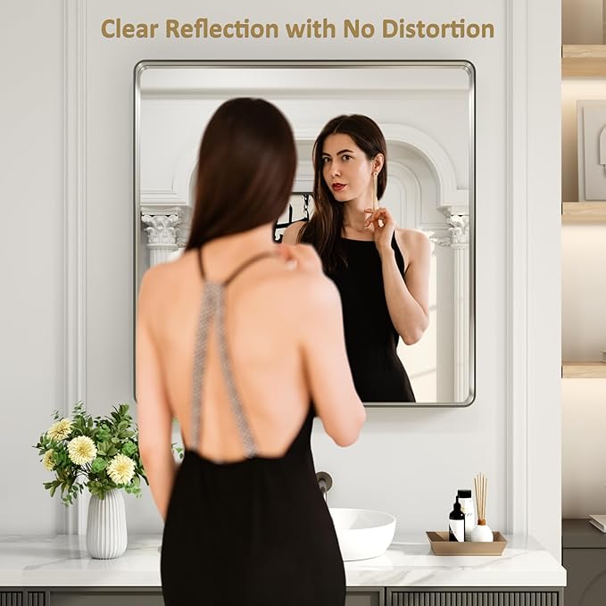 LOAAO 30X30 Inch Brushed Nickel Bathroom Mirror, Rounded Rectangle Silver Metal
