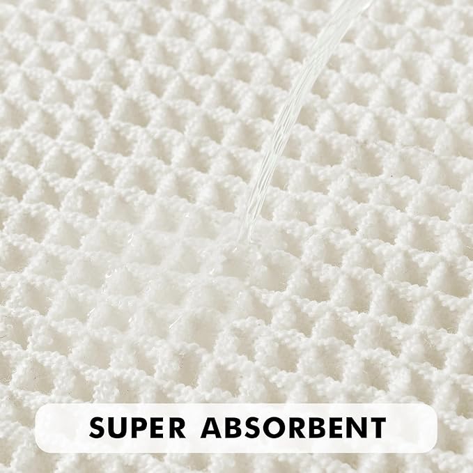 MIULEE Set of 2 Waffle Bathroom Rugs, Boho Bath Rugs Non Slip Washable, Super Absorbent Bath Mats, Ultra Soft Rubber Backed Shower Mats for Bathroom Floor, Tub, White, 17"x24"+18"x30"