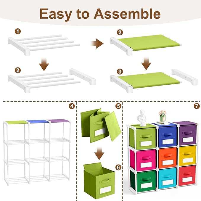 Geelin 9 Sets Cube Storage Organizer Bins with Shelf & Labels 11 Inch, Fabric Collapsible Cubby Toys Clothes Storage Drawer Unit for Daycare Nursery Playroom Bedroom Dorm Organizer (Rainbow)