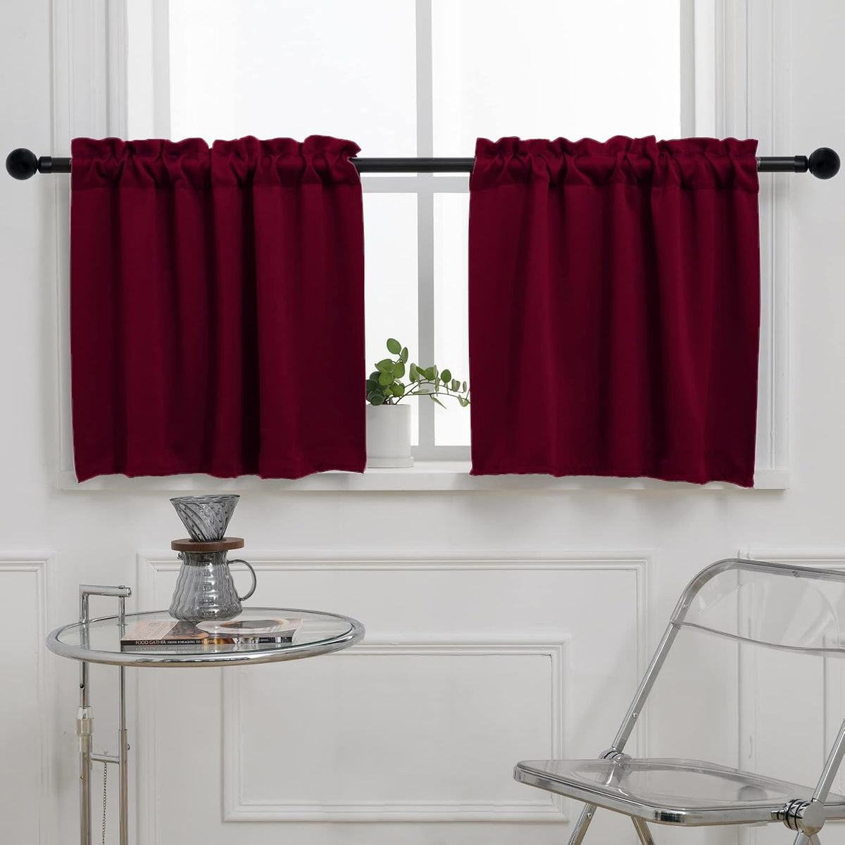 Pickluc Cafe Curtain 30 Inches Long, Rod Pocket Kitchen Half Window Curtain, Short Blackout for Small Window, 2 Panels, 30" Wide and 30" Length, Burgundy Red