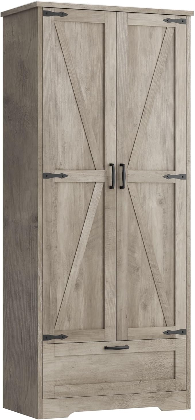 Vongrasig Kitchen Pantry Storage Cabinet with Barn Doors, Drawer and Adjustable Shelves, 4-Tier Tall Rustic Wood Cupboard Locker for Kitchen, Dining Room, Living Room, Bathroom, Rustic Grey