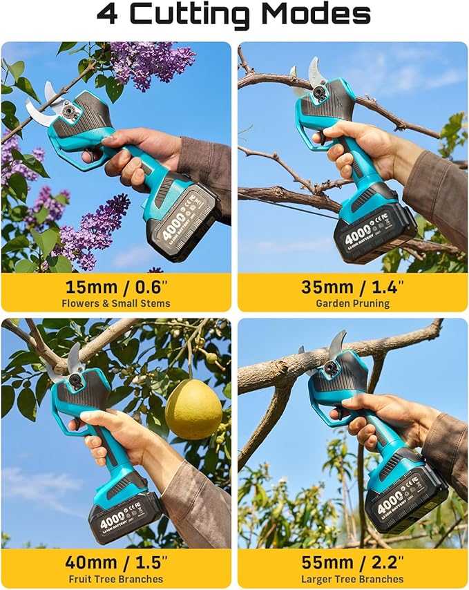 SEESII Electric Pruning Shears Cordless: 2.2" Cutting Diameter Power Cordless Pruner, 2*4000mAh Batteries, Brushless Motor, Extra SK5 Blade, 4 Modes Adjustable Garden Shears for Tree Flower Trimming