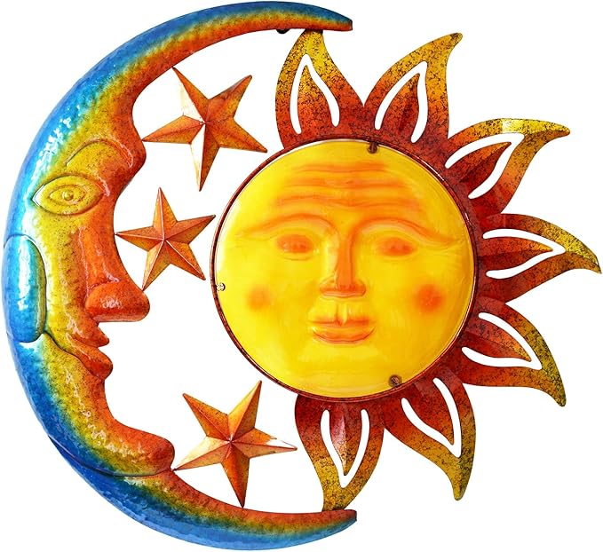 Large 19 Inch Metal Sun Moon Star Wall Art Decor, Bright Color Inspirational Valentine, Resistant to Rust Metal Sculpture Hanging for Indoor Outdoor Home Living Room Office Yard Garden