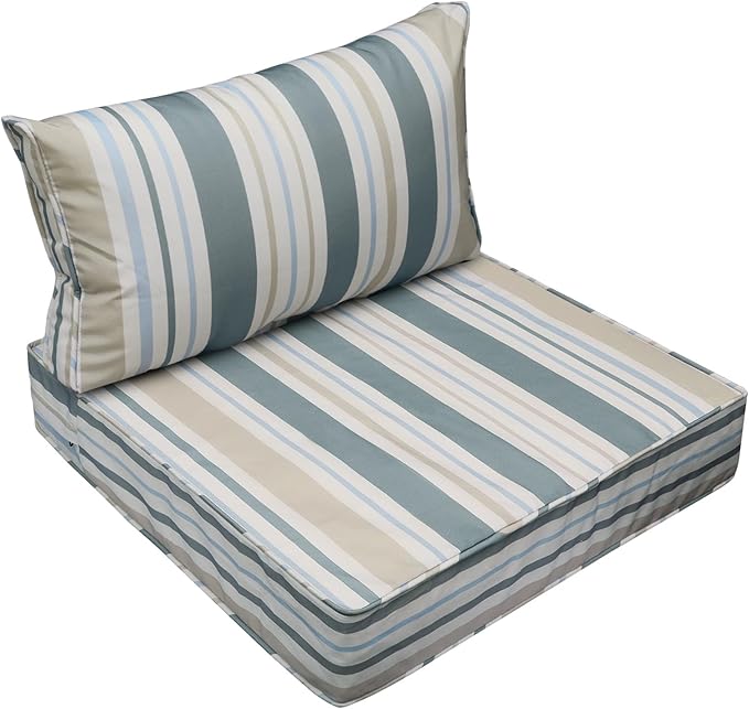 AAAAAcessories Outdoor Seat Cushions for Chairs, Fade-Resistant, Waterproof Patio Furniture Replacement Cushions, 25.5" x 25.5" x 5" + 25.5" x 13.5", Slate Gray Blue Coastal Stripe
