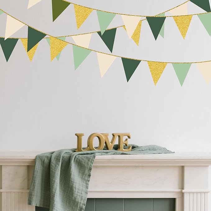 Sage Green Gold Party Decorations Pennant Banner Flag Oilve Green Cream Beige Gold Hanging Glitter Paper Triangle Bunting for Neutral Baby Shower Birthday Wedding Woodland Jungle Safari Party Supplies