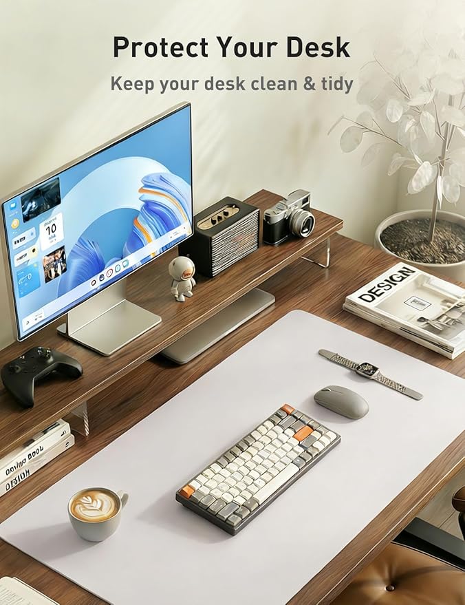 Aothia Faux Leather Desk Mat - Non-Slip PU Leather Desk Blotter, Waterproof Writing Surface, Large Desk Pad for Office & Home (Pale Lavender White, 55" x 17")