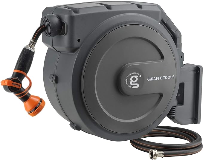 Giraffe Tools Retractable Garden Hose Reel 1/2 Inch x 130 ft, Super Heavy Duty, Any Length Lock, Slow Return System, Wall Mounted and 180 Deg Swivel Bracket