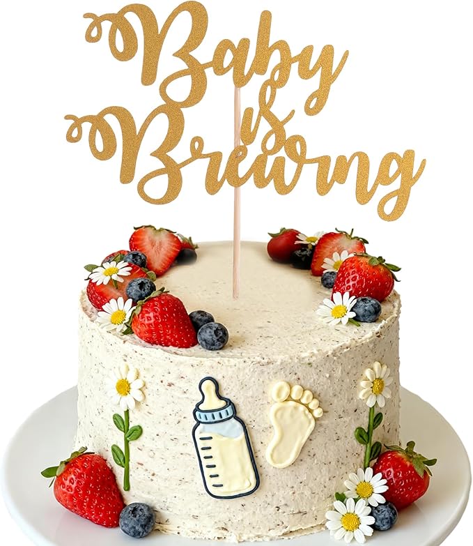 Gold Baby is Brewing Cake Topper - Glitter Baby Shower Cake Topper, Gender Reveal, Baby Arrival Announcement Party Cake Decorations