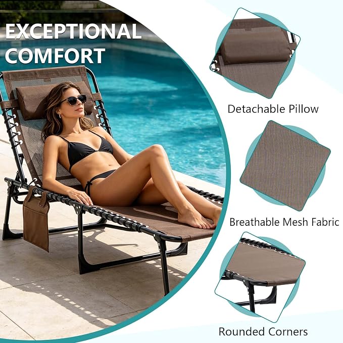 Portable Foldable Sun Tanning Chair, Heavy Duty Adjustable Folding Laying Out Chairs for Tanning, Beach Lounge Chairs for Adults for Outdoor Sunbathing Patio Pool Lawn Camping Deck (Brown)