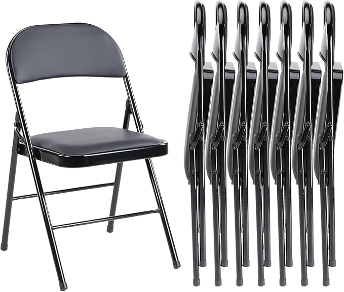 Sweetcrispy Folding Chair 8 Pack, Leather Padded Folding Chairs, Sturdy Metal Foldable Chairs, Easy to Use and Store, Outdoor and Indoor, for Home, Office, Party, Comfy, Black