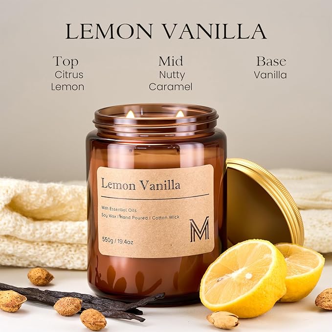 M&SENSE Lemon Vanilla Home Scented Candle | 19.4oz, 115-Hour Burn | Natural Organic Soy Wax | Long-Lasting for Stress Relief and Gifting | for Bedroom，Relaxing SPA，Office