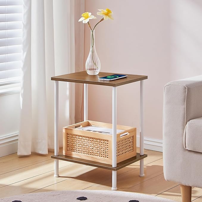 HOOBRO End Tables, Small Side Table, Nightstand with 2-Layer Storage Shelves, Sofa Table for Small Spaces, Living Room, Bedroom, Stable Frame, Easy Assembly, Walnut and White WH09BZ01