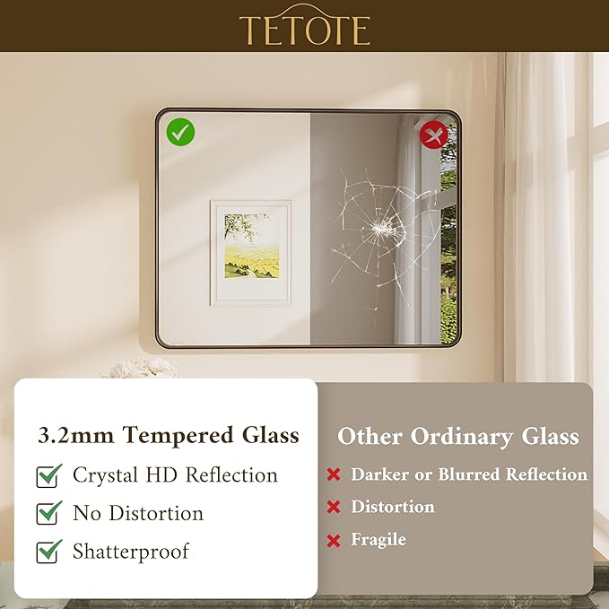TETOTE 48 x 30 Inch Bathroom Mirror, Matte Black Modern Metal Frame Rectangle