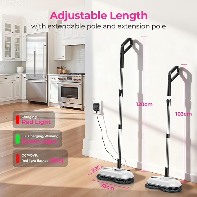 ScrubWiz Cordless Electric Mop, Electric Spin Mop with Water Spray, Powerful Floor Cleaner, Super Quiet Cleaning & Waxing, Mid White