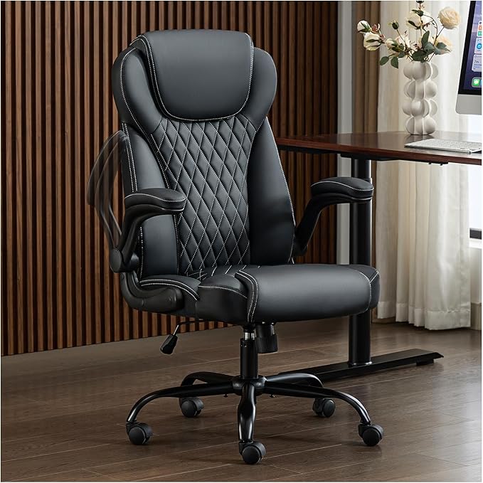 Office Chair, Executive PU Leather Chair Home Office Desk Chairs, Ergonomic Computer Desk Chair with Adjustable Flip-Up Arms, Lumbar Support Swivel Task Chair with Rocking Function (Black)