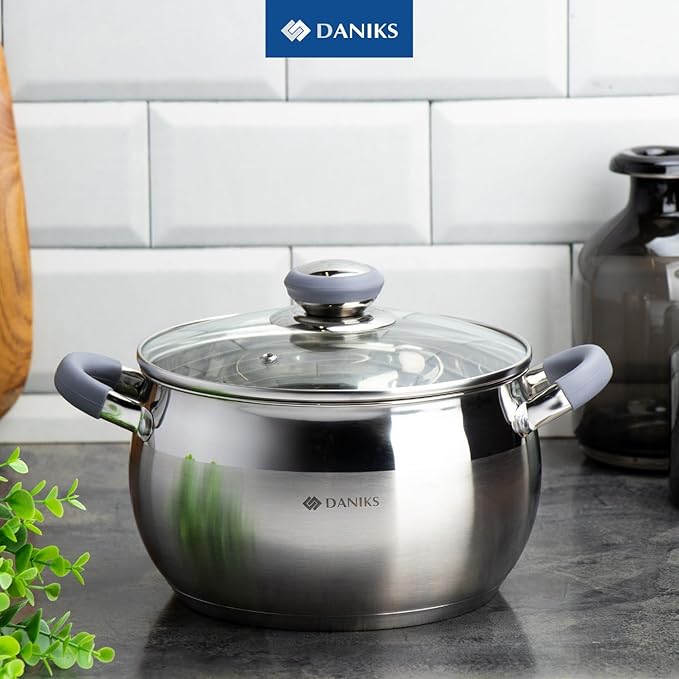 Daniks Modern Frying Pan With Lid Included, 11-Piece Stainless Steel Induction-Compatible Cookware Set, Dishwasher Safe, Heatproof Handles, Glass Lids, Silver