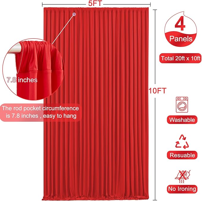 4 Panels Red Backdrop Curtain for Parties Wedding Wrinkle Free Red Photo Curtains Backdrop Drapes Fabric Decoration for Birthday Party Baby Shower Christmas 20ft(W) x 10ft(H)