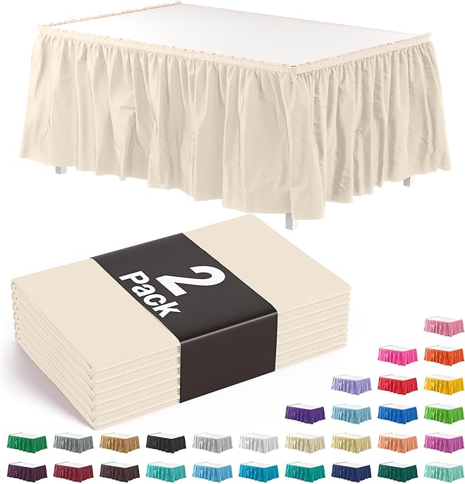 Exquisite Ruffle Table Skirt Ivory 2 Pack 14 Ft Long Table Skirts for Rectangle Tables 6ft Plus or Round Tables Skirts with Adhesive Strip for Gender Reveal Decor & Happy Birthday Parties