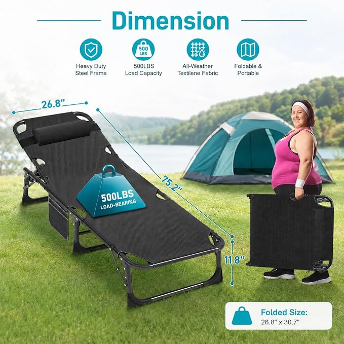 ABORON Tanning Chairs, 2 Pack, 5-Position Padded Folding Loungers | Set of 2 folding chaise lounges with 5-position backs, padded mats and pillows; supports up to 500 lb per chair.