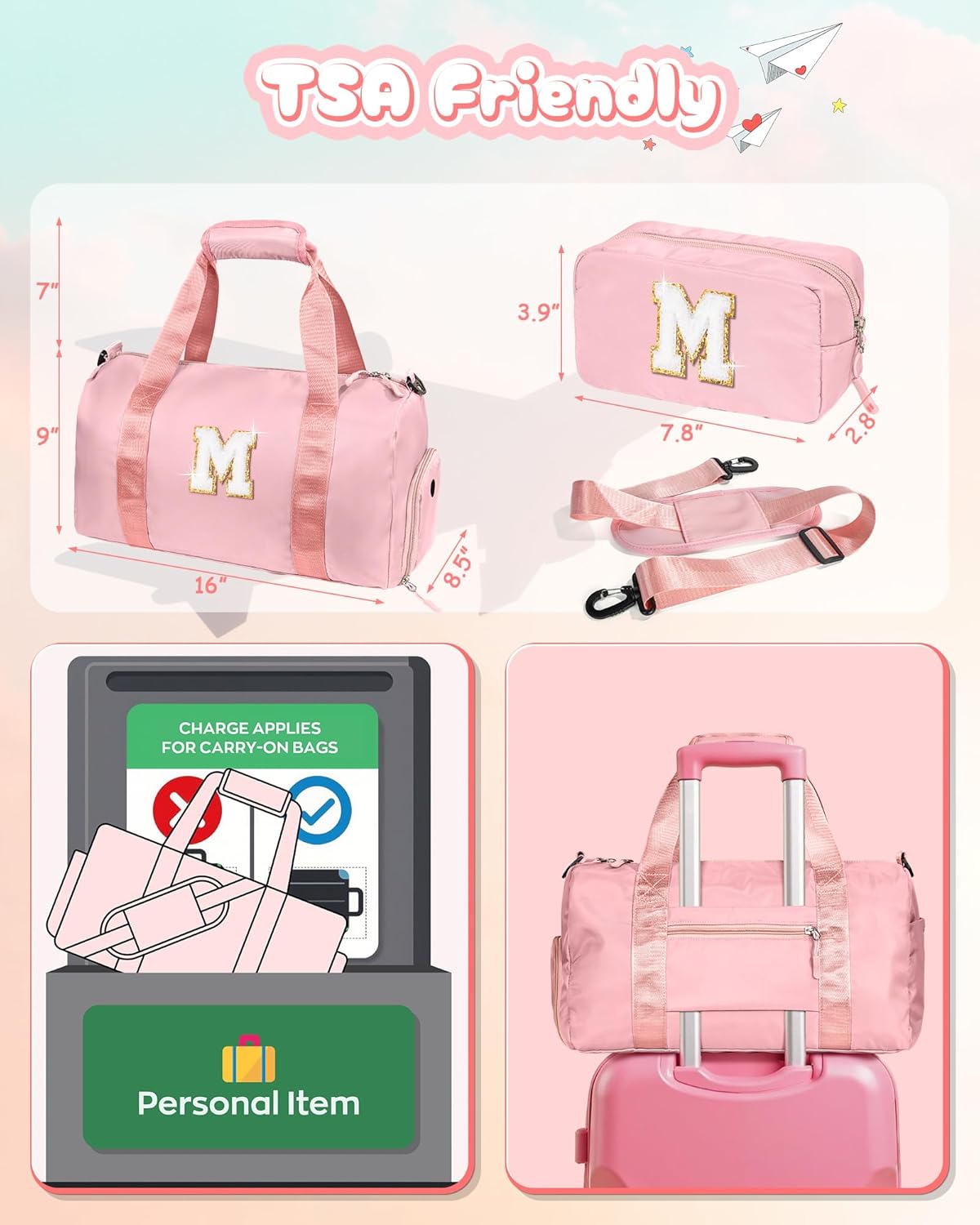 Skiennix Girl Gym Bag - Personalized Weekender Tote with Shoe Compartment & Makeup Pouch | Ideal Gift for Teens & Kids (Letter T)
