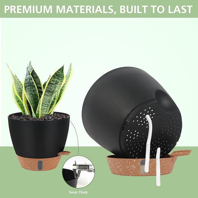 Self Watering Planters Set with Water Level Indicator, 12" 10" 9" 8" Large Plastic Flower Pots with Mesh Drainage Hole and Removable Saucer Reservoir for Indoor Outdoor Plants 4pcs （Black