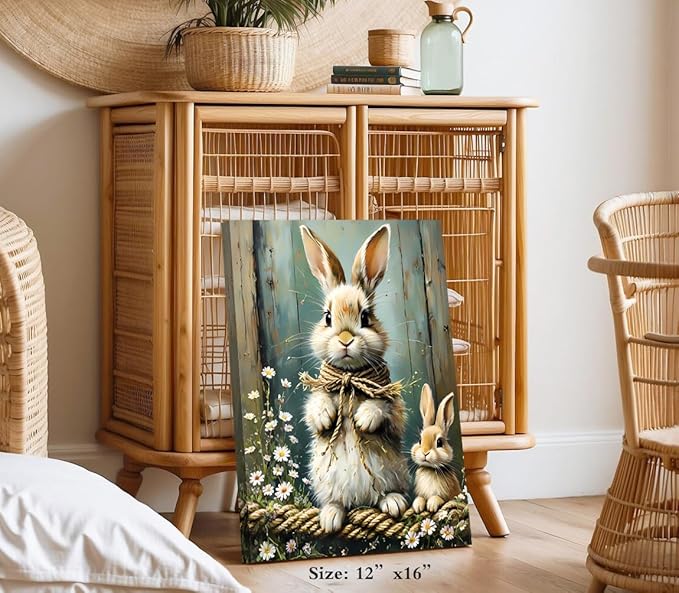 Farmhouse Rabbit Wall Art,Bunny Easter Flower Wall Decor Framed Canvas Wall Art,Vintage Rabbit Prints,Rustic Bunny Spring Wildflower Wall Decor for Living Room Farmhouse Dorm(12"x16")