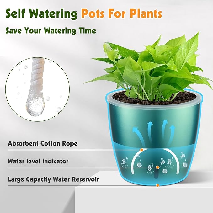 Self Watering Pots for Indoor Plants, 4-Pack 6.7'' Self Watering Planter with Drainage Holes, Small African Violet Pots with Water Indicator, Clear Wick Orchid Pot, Blue Gold