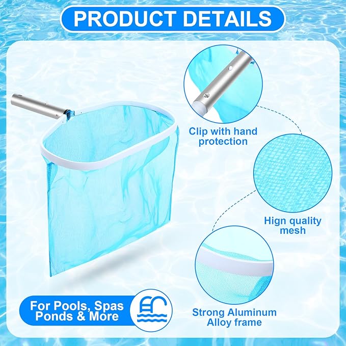 Tioncy 5 Pcs Pool Vacuum Cleaning Kit Includes Right Corner Pool Vacuum, 2 Skimmer Nets with 47" Adjustable Pole and 1 Brush for Above Ground Ponds Hot Tub Spa Wall Floor Cleaning Maintenance