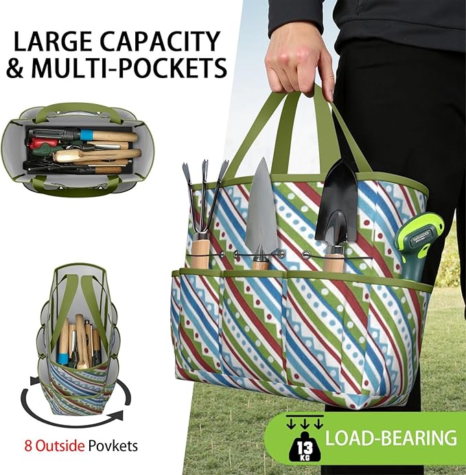 Boho Garden Tool Bag - Waterproof Floral Garden Tote with 8 Pockets, Large Storage Home Organizer Gardening Tool Oxford Bag for Garden Tools Kits Holder, Ideal Outdoor Gardening Gift for Women & Men