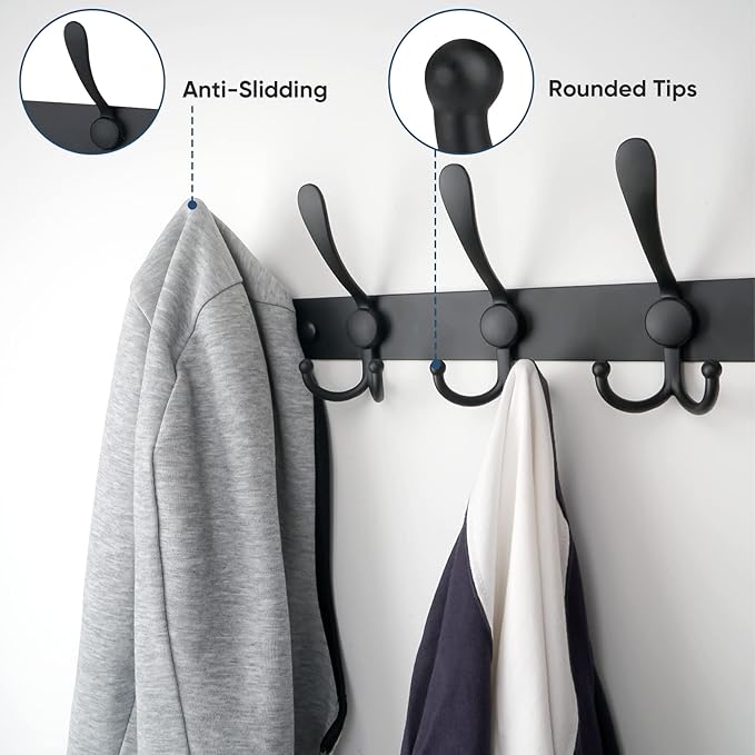 TICONN Wall Mounted Coat Rack, Five Heavy Duty Tri Hooks All Metal Construction