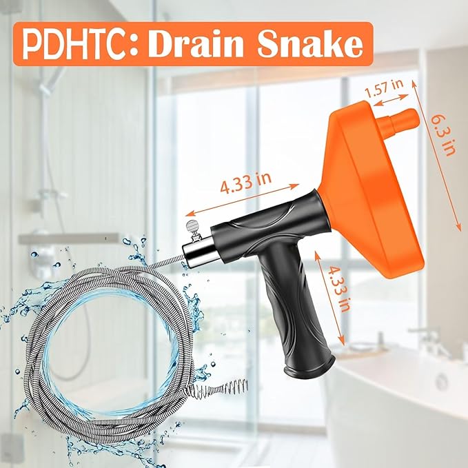Drain Snake Auger 33 Feet, Plumbing Snake Drain Hair Clog Removal Tool, Heavy Duty Toilet Snake Auger, Sink Unclogger Drain Cleaner Tool for Bathroom Kitchen Tub Shower Drain Clog Remover with Gloves
