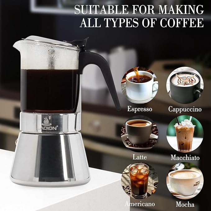 Stovetop Espresso Maker, 3Cup 160ml Moka Pot, Crystal Glass-top & Stainless Steel Coffee Maker Mocha Pot, Greca De Cafe, Cuban and Italian Coffee Maker for Cafetera Cubana