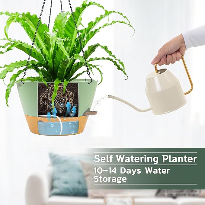 ZMTECH 2 Pack 12 Inch Hanging Planters for Indoor Plants, Large Green Self Watering Hanging Planter with Visible Water Level & Removable Tray, Decorative Flower Pots for Outdoor Garden