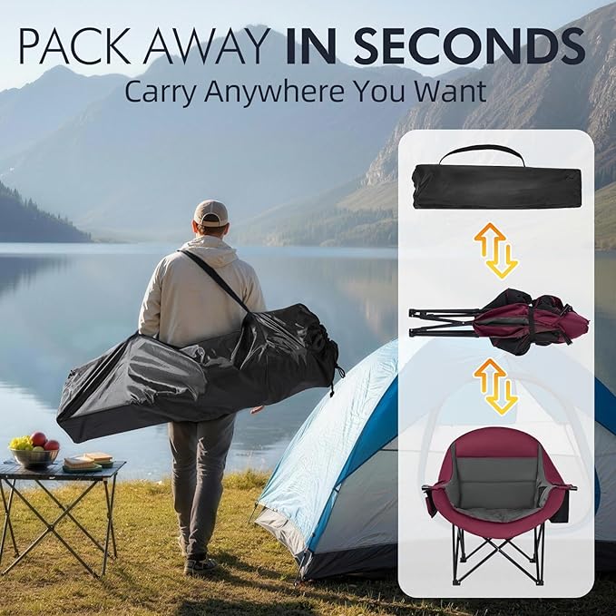 Oversized Camping Chair for Adults - Heavy Duty Padded Outdoor Folding Lawn XL Camp Chair with Cup Holder Cooler Pockets for Sports Beach Fishing Garden Portable Supports 500lbs, Red/Grey
