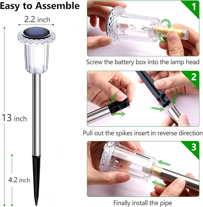 DenicMic Solar Lights Outdoor 15 Pack Waterproof 3000K Warm White LED Acrylic lamp Head Stainless Steel Stake for Landscape Lighting Path Walkway Sidewalk Backyard Patio Decor