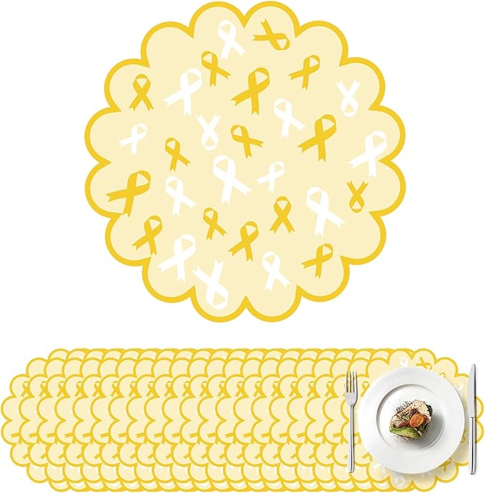 100 Pcs Childhood Cancer Awareness Items 13.5" Scalloped Childhood Cancer Awareness Paper Placemats Gold Ribbon Place Mats for Fundraisers Charity Survivor Fighter Party Supplies
