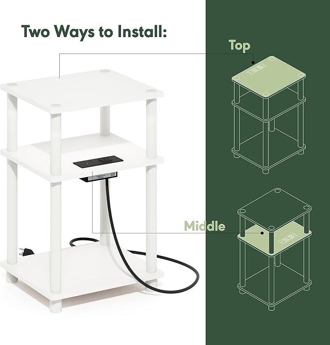 Furinno JUST Side Table, 3-Tier Modern End Table with Charging Station, Easy Assembly Night Stand, Bedside Table with USB and Type-C Port, for Living Room, Bedroom, White