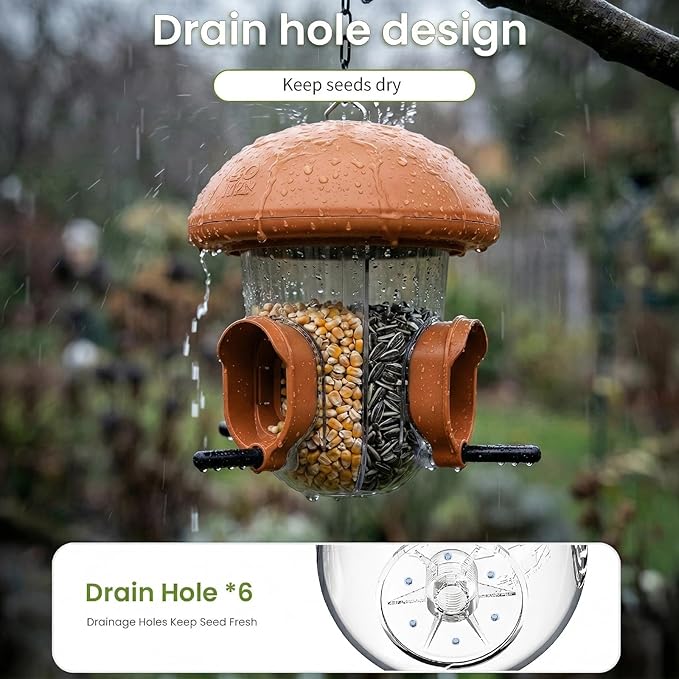LONA Bird Feeders for Outdoors Hanging – 3 Separate Compartments, 3 Feeding Ports, Weatherproof Dome & 3 Ways to Hang, Large Capacity for Cardinals/Finches (Brown