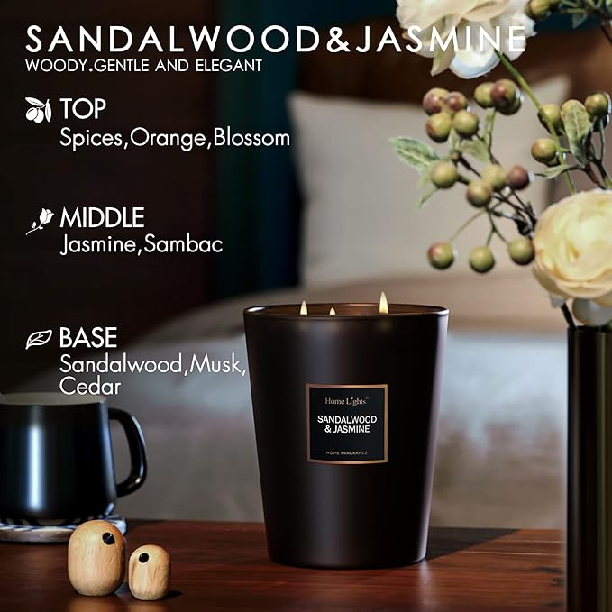 HomeLights Scented Candles | Large Jar 33.3 Oz Natural Soy Candle | 130 hrs with 3 Cotton Wicks, Sandalwood Jasmine Home Fragrance Candles Gift