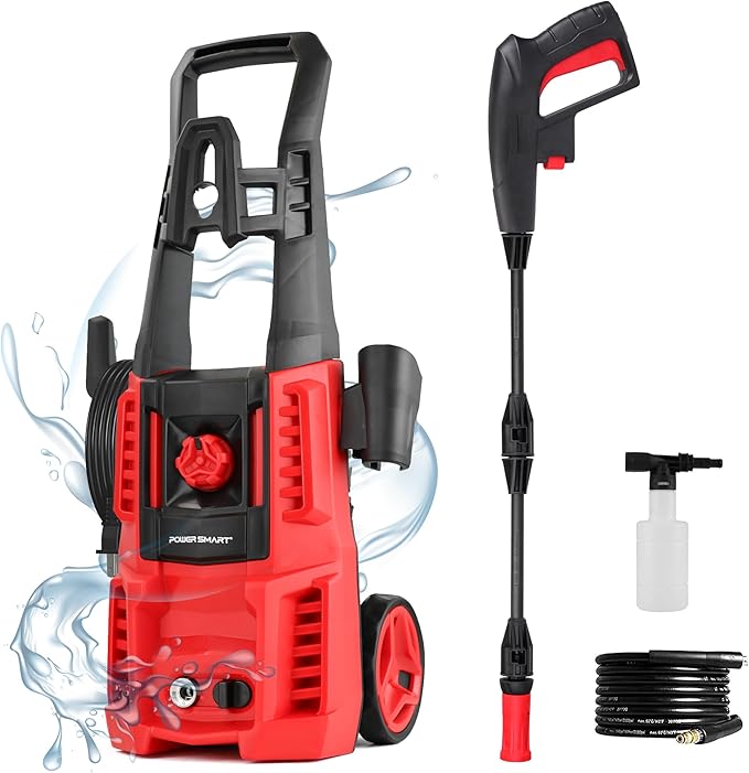 Electric Pressure Washer, 1850 PSI Max,1.0 GPM, 5" Wheels, 18M Cord/Hose Length Max, Power Washer for Patio, Car, Driveway, Fence & Home Cleaning