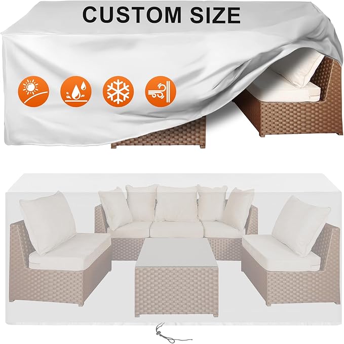 Patio Furniture Cover Rectangle 120"(L) x 56"(W) x 32"(H), Custom Heavy Duty 420D Waterproof Outdoor Cover with Drawstring & Buckles for Table Chair Garden, Silver