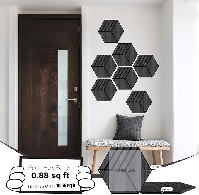 Mollywell Acoustic Panels, PVC Wood-Grain, 14x12 Inch Hexagon Carved Sound