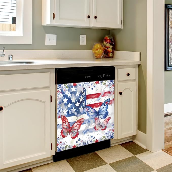 Dishwasher Magnet Cover Red Blue American Flag Butterfly Reusable Dishwasher Magnetic Cover Sticker Decorative Dish Washer Door Cover Panel for Home Kitcen Appliance, 21x26 in