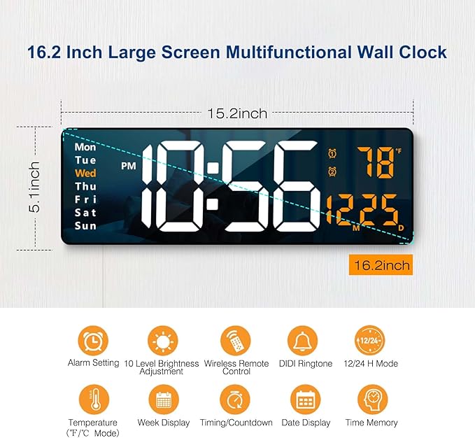 Digital Wall Clock Large Display, Auto Brightness Dimmer Reloj De Pared