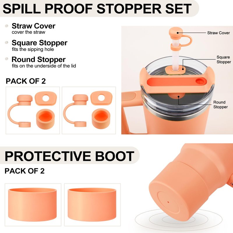 HYZ 8 Piece Accessories for Stanley Cup, Silicone Spill Proof Stopper Set and Protective Boot Including Straw Cover Cap for Stanley H2.0 20oz 30oz 40oz Tumbler, Nectarine