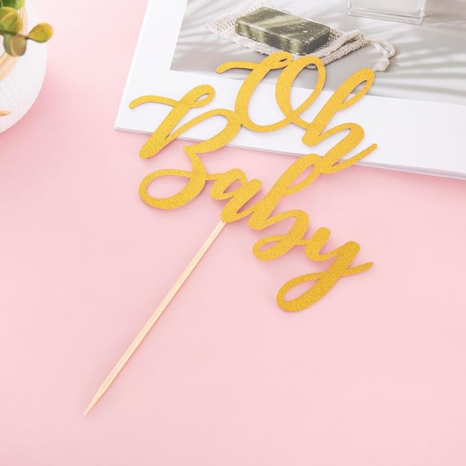 Gold Oh Baby Cake Topper - Golden Glitter Baby Shower Cake Topper, Gender Reveal Celebration Party Cake Decoration (Gold Oh Baby Cake Topper)